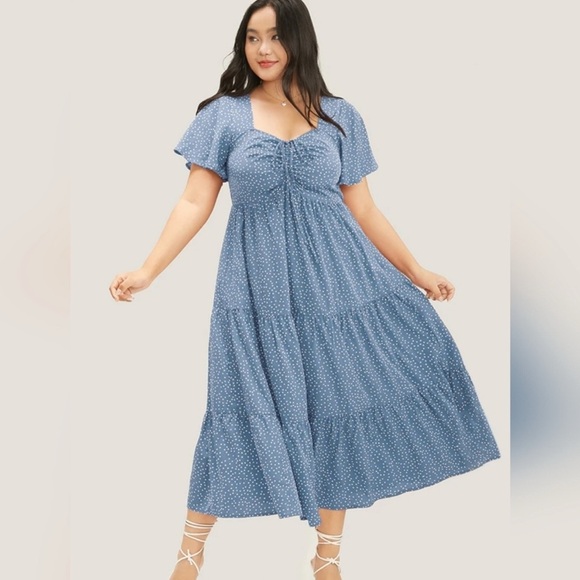 New Bloom Chic Womens US 22 24 Blue Polka Dot Ruched Front Tiered Midi Dress NWT - Picture 1 of 13